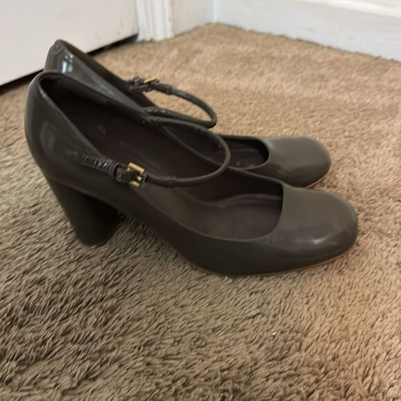 ECCO Mary Jane Heels Shoes Gray/Brown Patent Leather size 9 Fall Twee Coquette - Picture 1 of 8